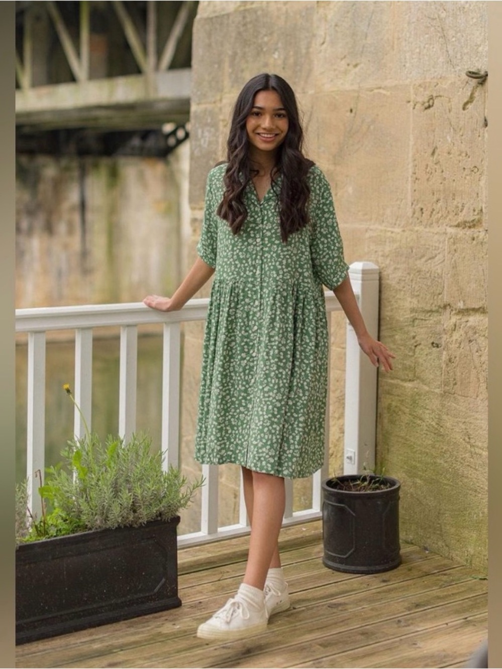Olive Green Floral Mini Dress with Button Front